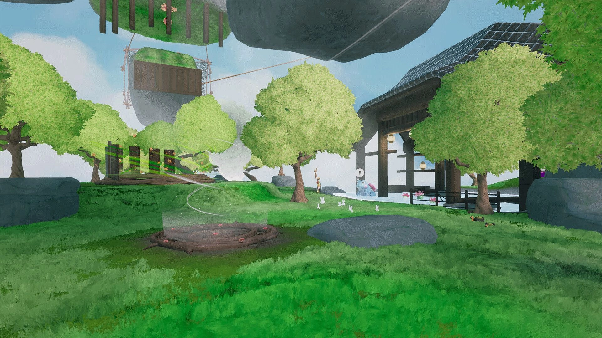 Nomori: White spirit creature near a shrine and rabbits in a grassy grove with floating islands above.