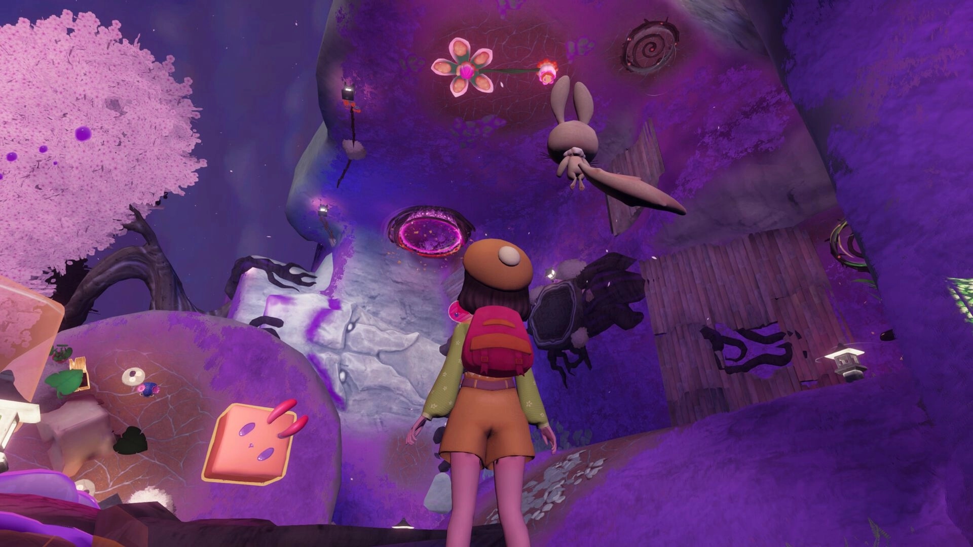 Nomori: Backpack-wearing girl looks up at a rabbit spirit and glowing portal in purple canyon grove.