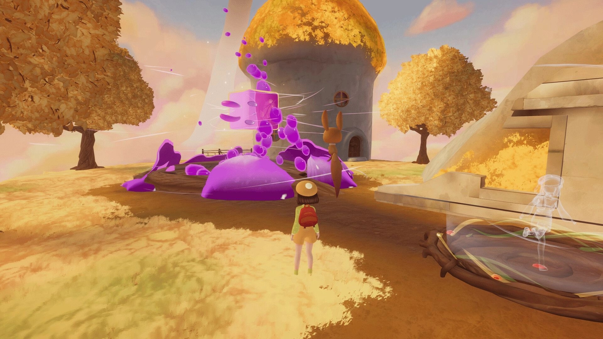 Nomori: Player watches purple goo swirl by a tower and rabbit statue in golden autumn grove.