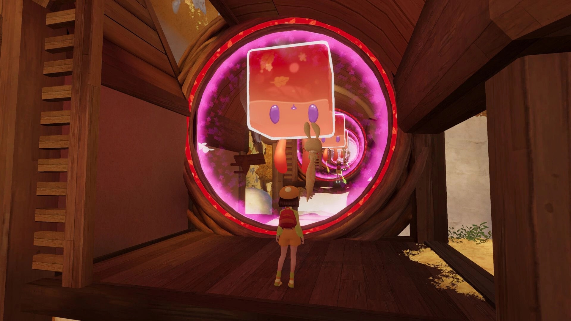 Nomori: Player faces a glowing pink portal tunnel with floating cube spirits inside a wooden room.