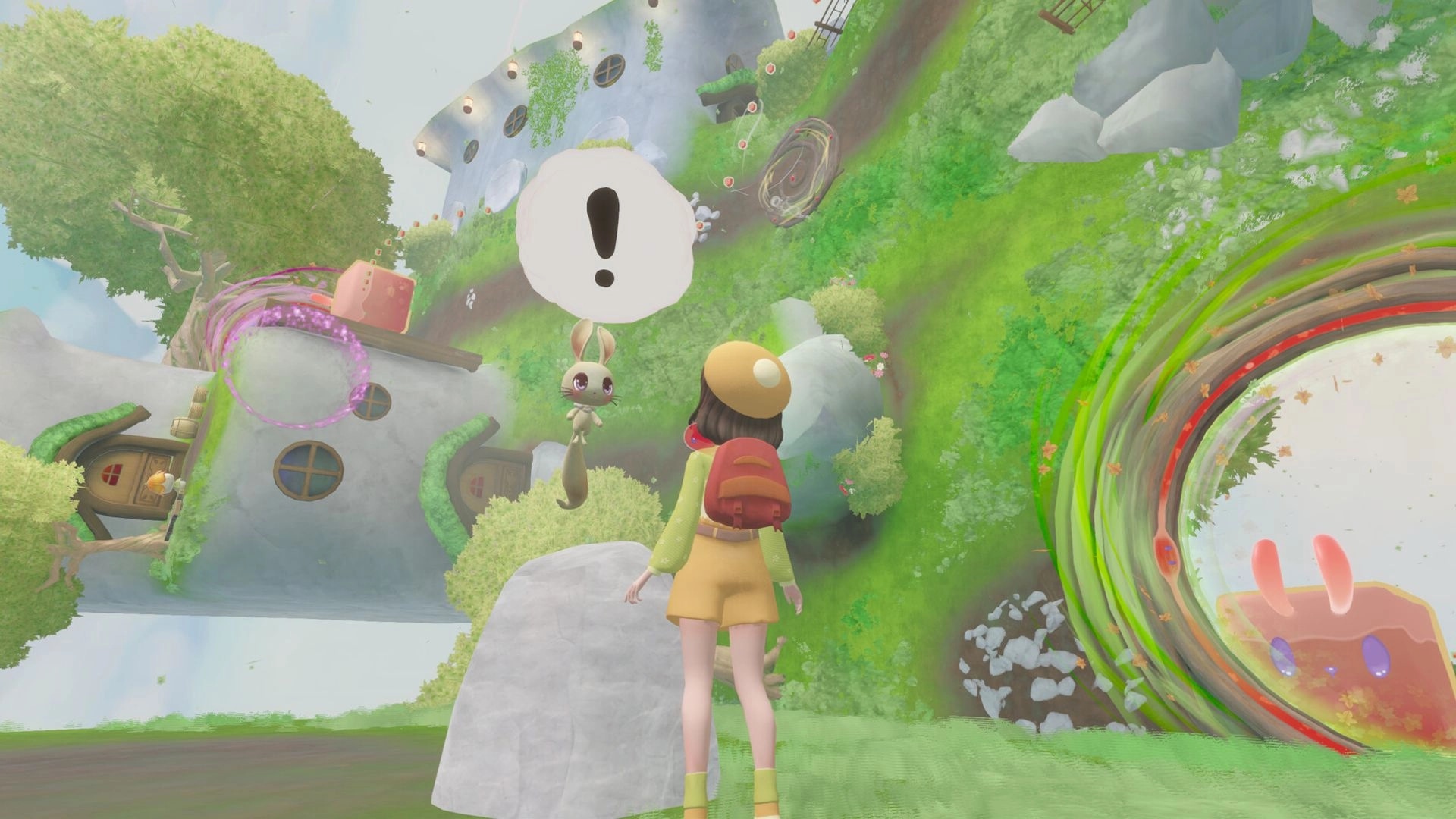 Nomori: Player faces floating bunny spirit with alert icon near swirling portals on grassy hillside village.