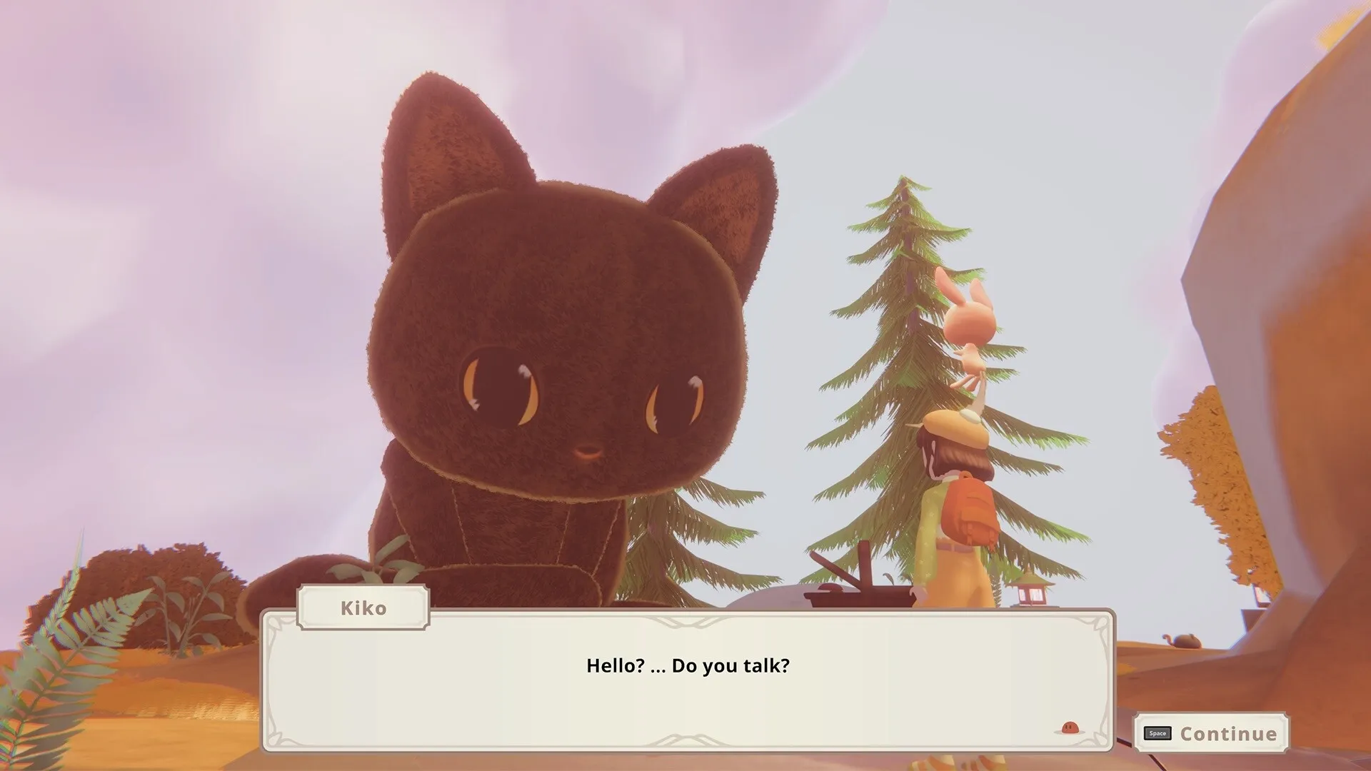 Nomori: Kiko in conversation with giant cat in serene forest setting with dialogue options visible
