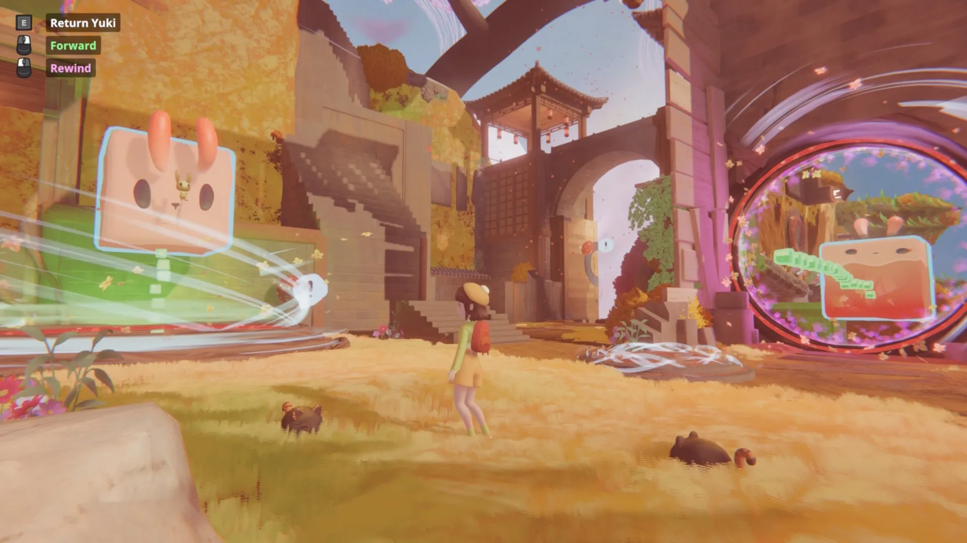 Nomori: Yuki explores a vibrant courtyard with time portals and UI options for control actions visible.