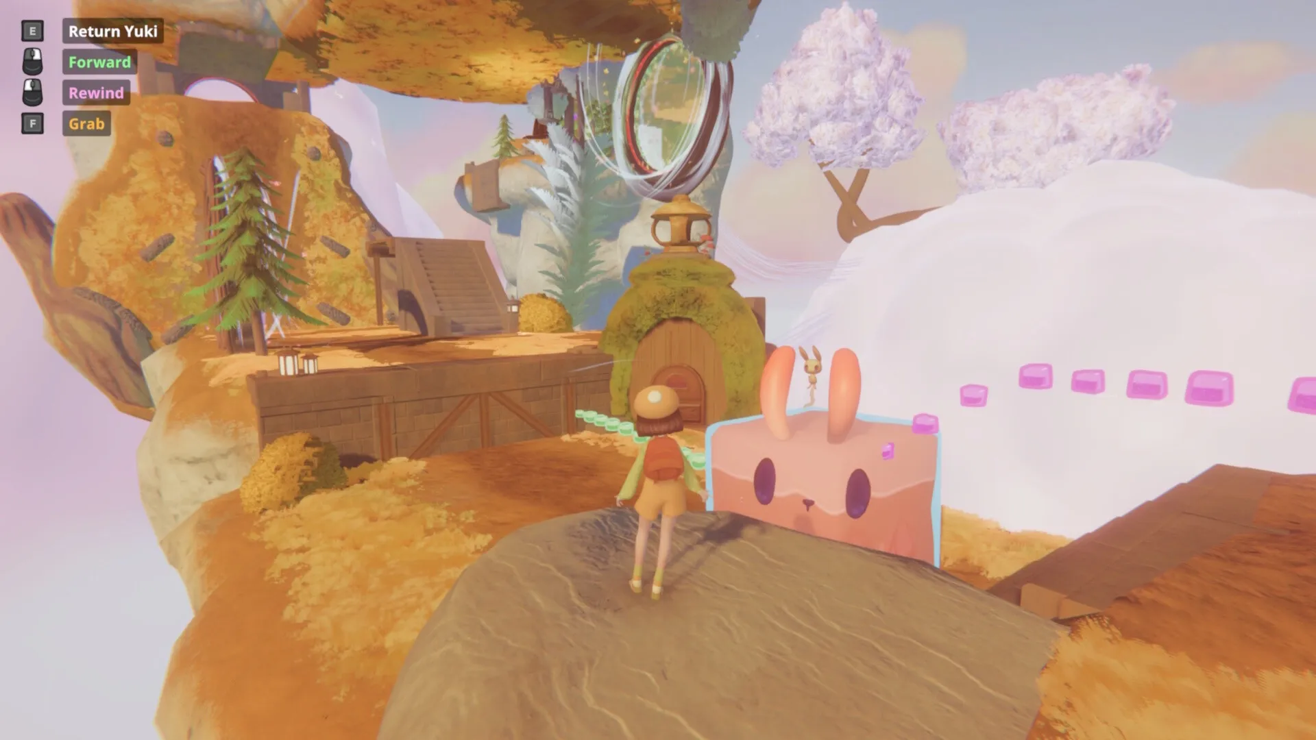 Nomori: Character Yuki stands near pink creature by portal in whimsical floating island landscape.
