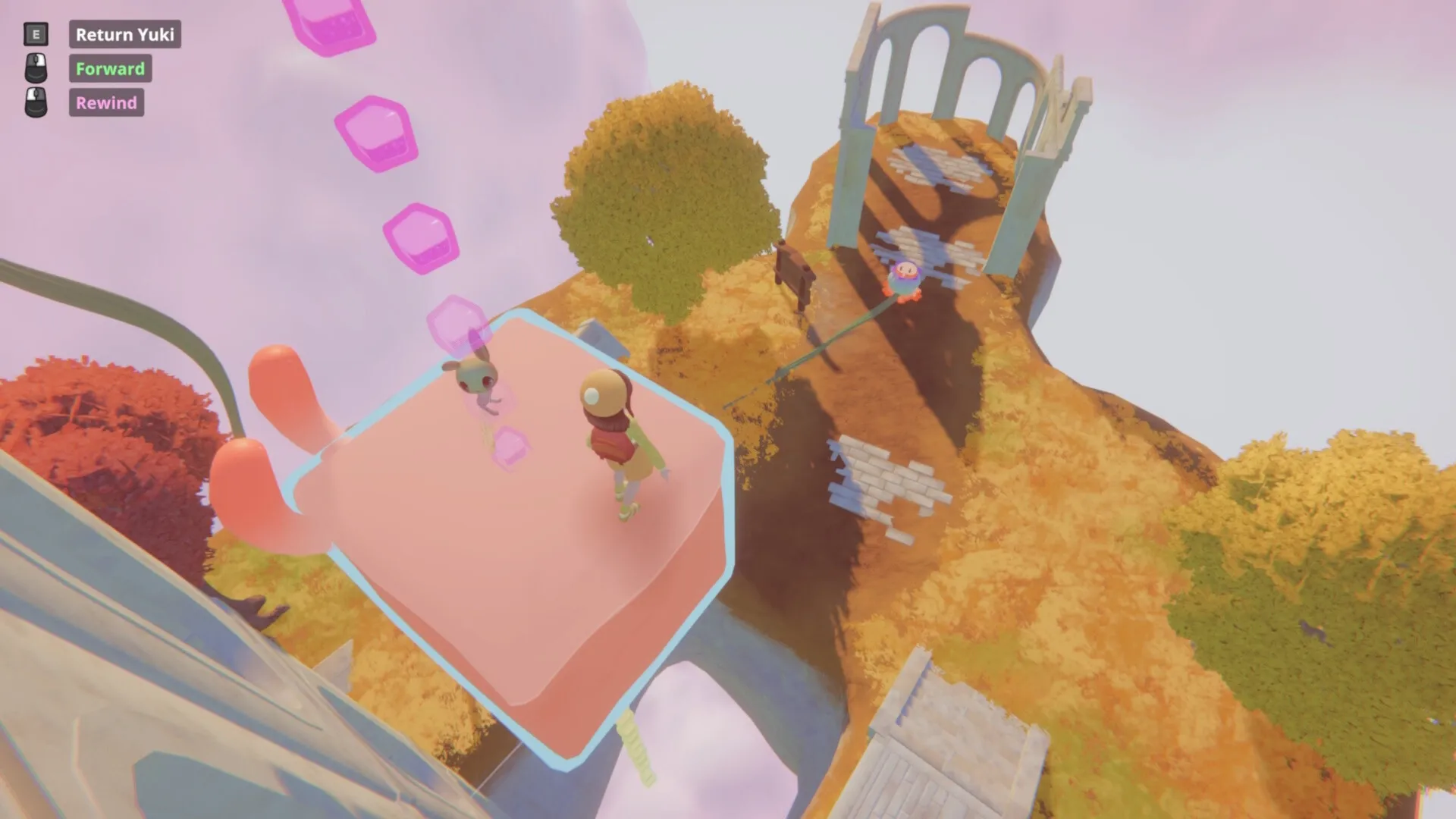 Nomori: Yuki and companion on floating platform with UI options in a vibrant autumn landscape