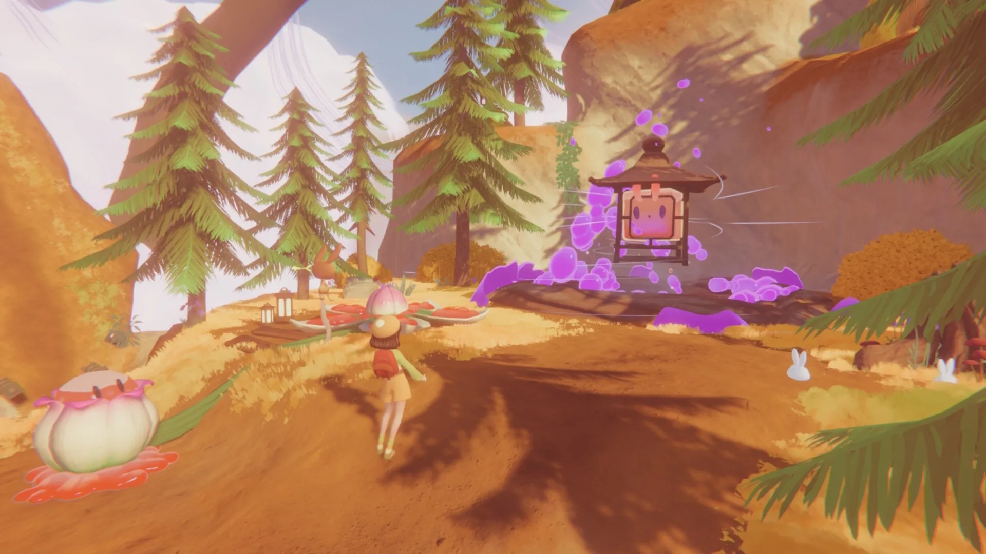 Nomori: Character approaches glowing purple portal in colorful forest clearing with tall pine trees