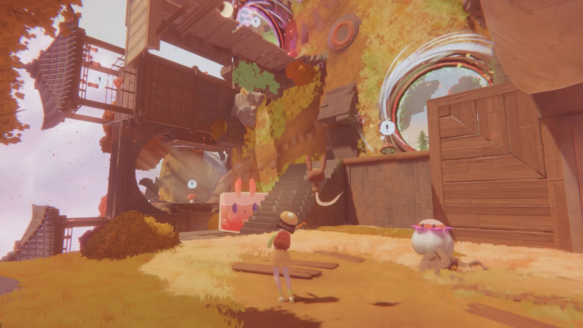 Nomori: Character explores vibrant spirit world with portals and floating structures in an autumnal setting.