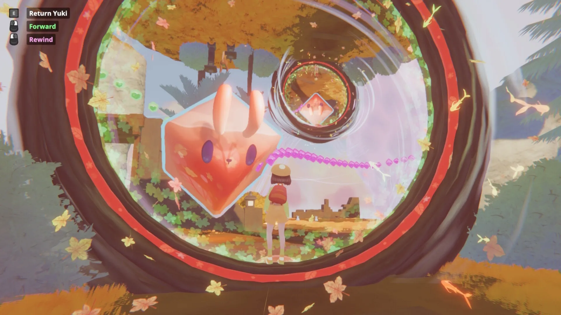 Nomori: Character stands before swirling portal with UI options Return Yuki, Forward, and Rewind displayed.