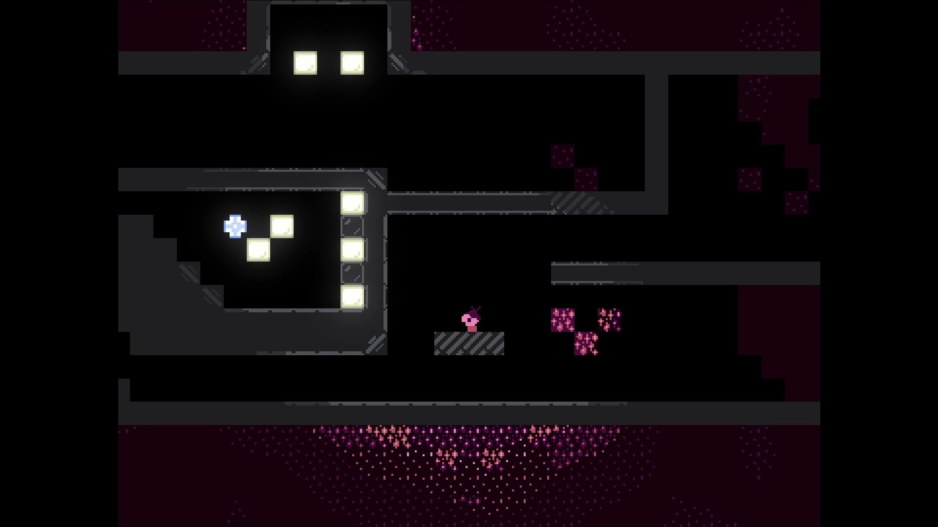 Nonolith: Character navigates dark platform maze with glowing blocks and pixelated purple textures