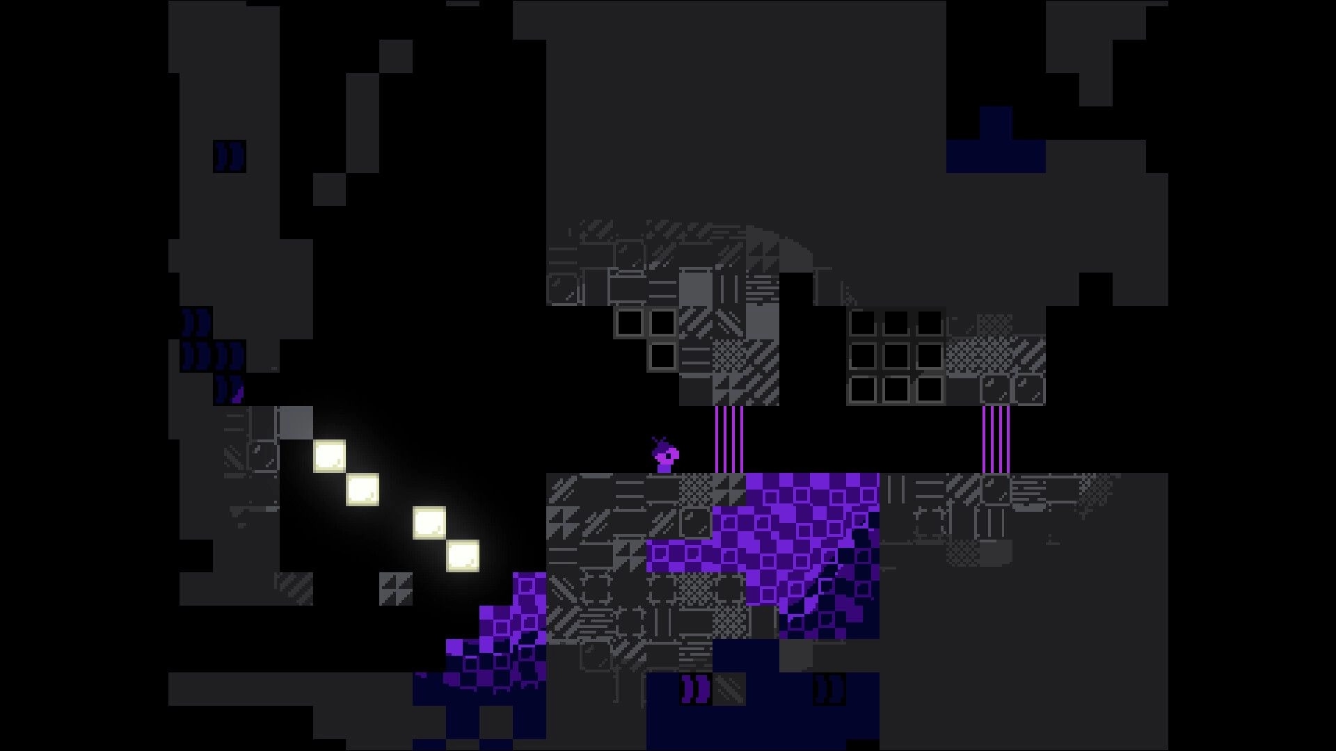 Nonolith: Character navigates dark, pixelated cavern with glowing tiles and purple platforms