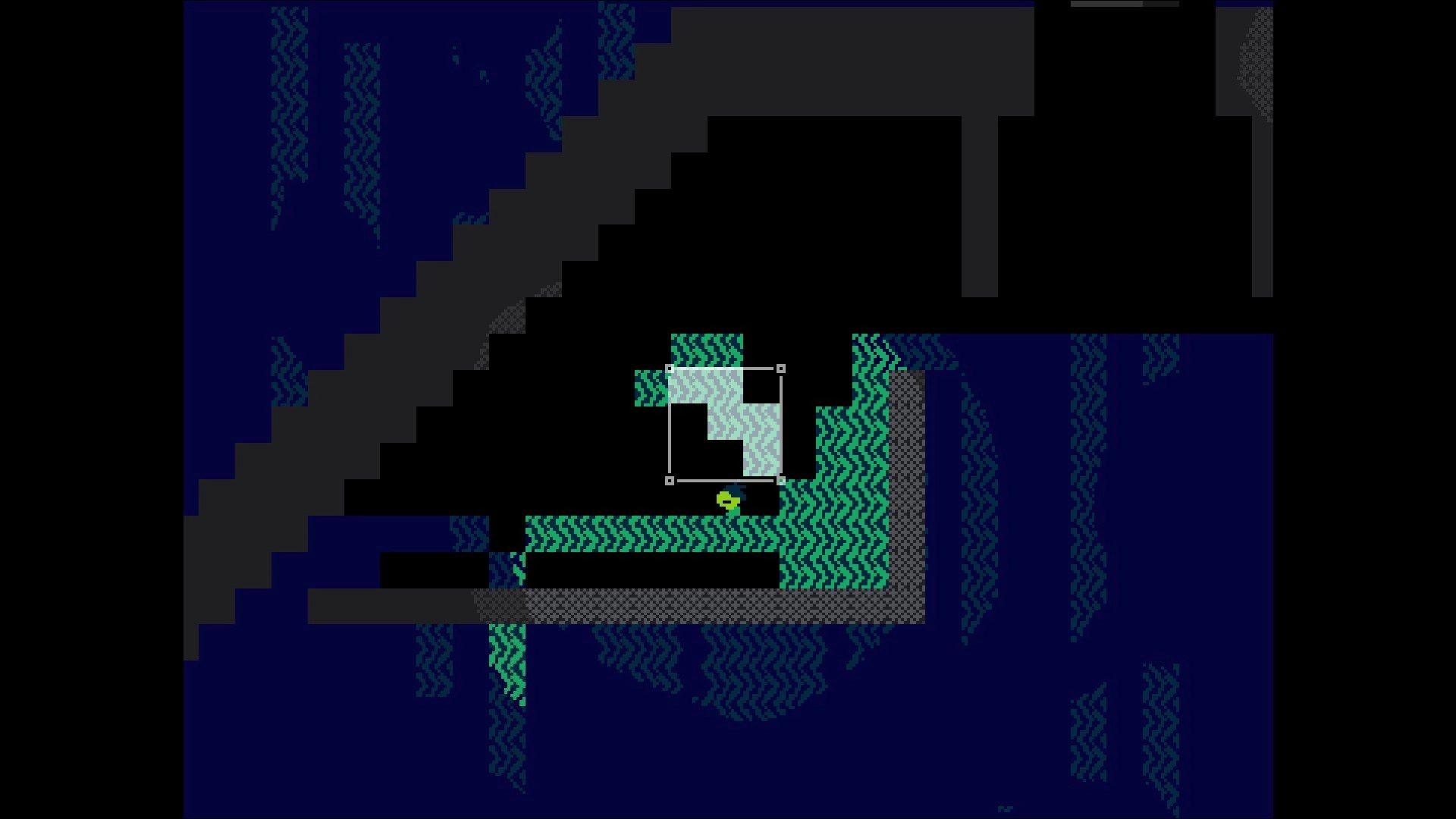 Nonolith: Player navigates dark, maze-like environment with pixelated patterns and glowing pathways