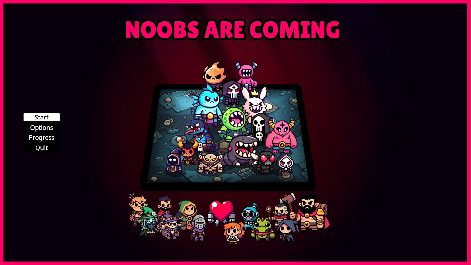 Noobs Are Coming: Character selection screen with various bosses and menu options on left side