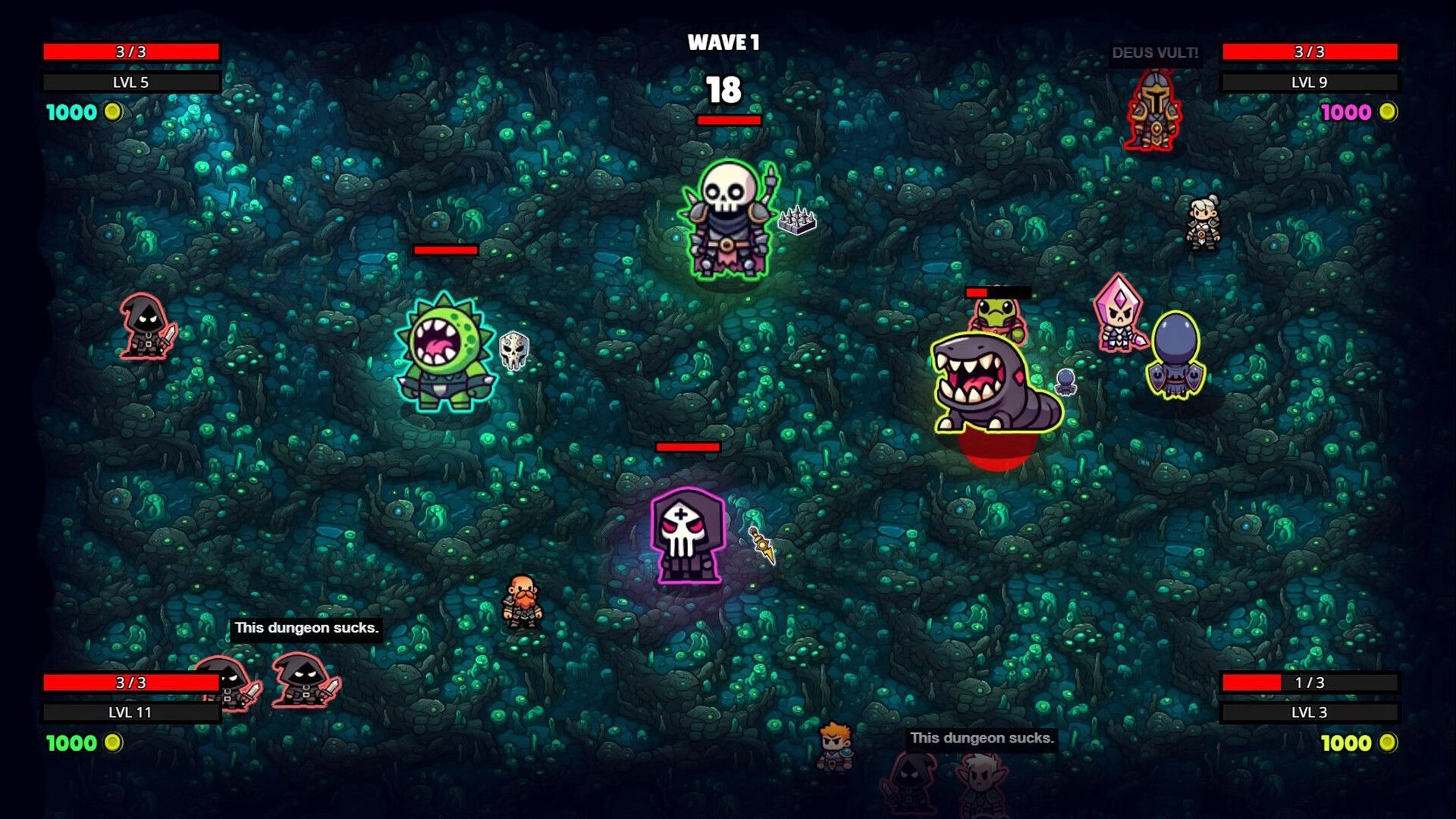 Noobs Are Coming: Combat with various boss characters in a glowing underground dungeon environment