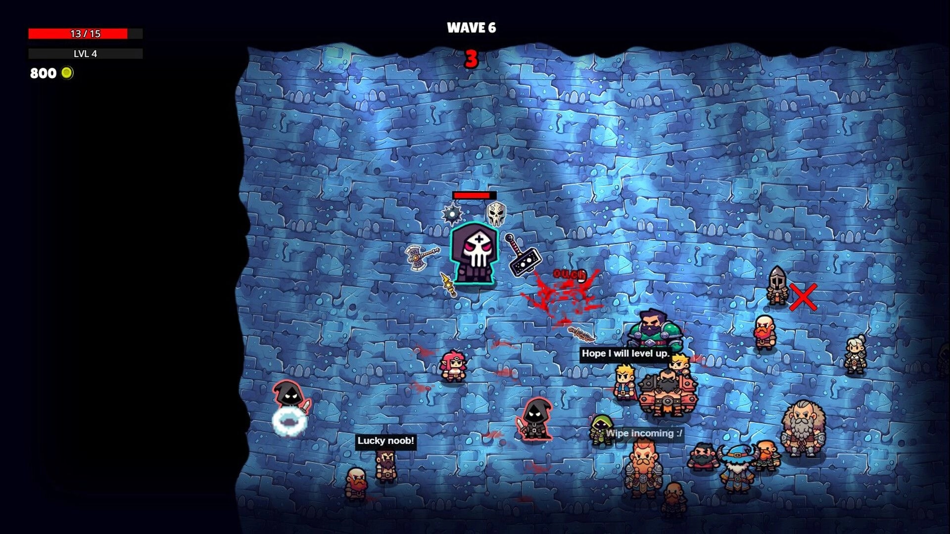 Noobs Are Coming: Boss character battles noobs in icy arena, health bar and wave counter displayed