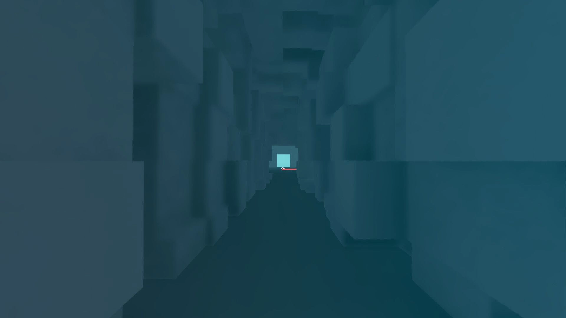 Noodle Cable: First-person view down a blue corridor toward a glowing square portal with crosshair UI.