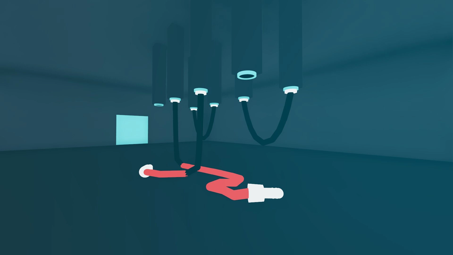 Noodle Cable: Red cable with white plugs sprawled on floor beneath hanging sockets in blue room.