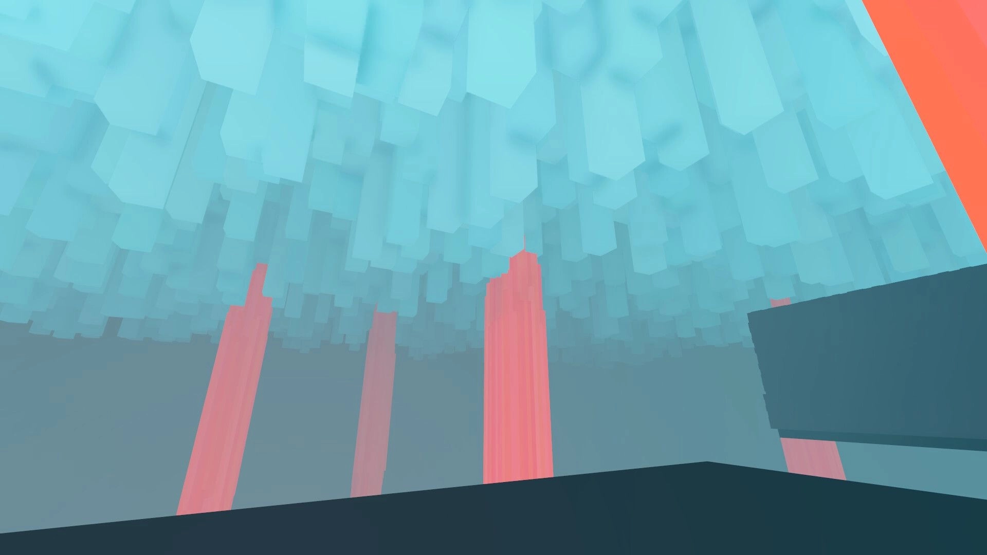 Noodle Cable: Looking up at a blue blocky ceiling with tall pink pillars in a surreal room.