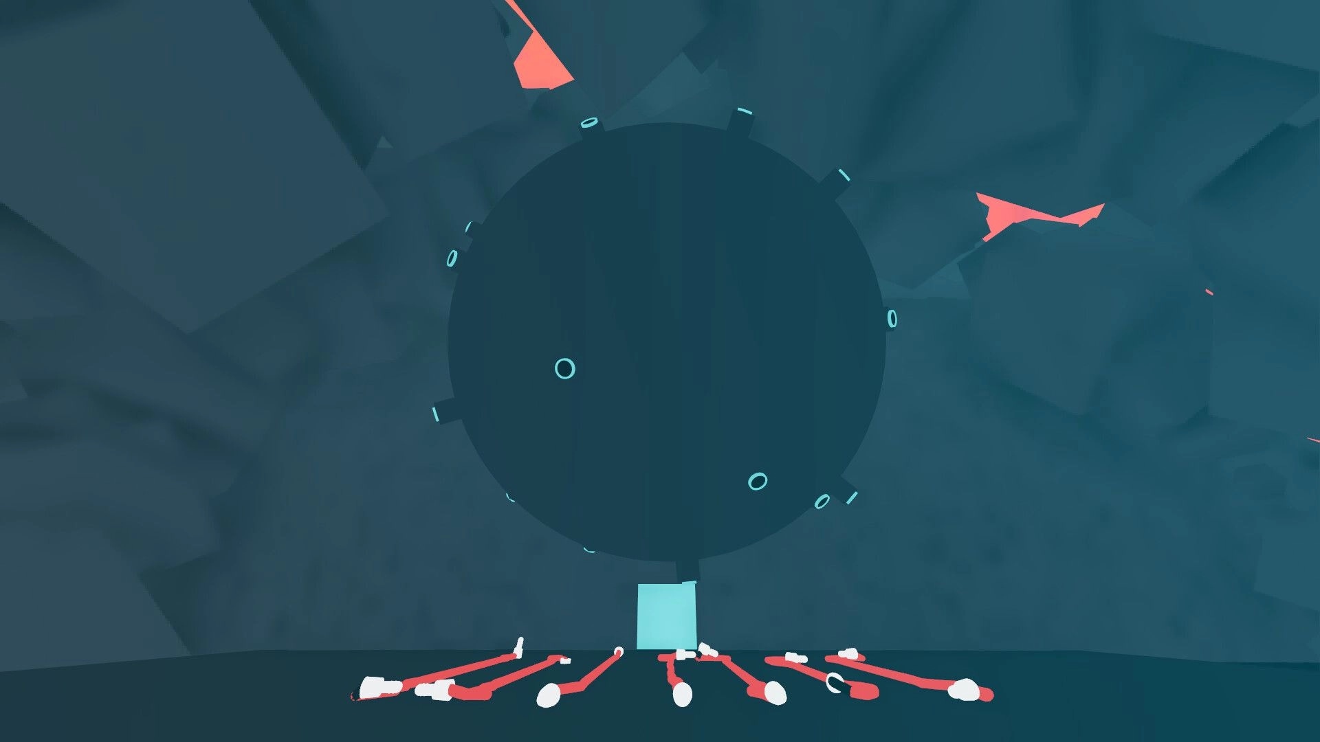 Noodle Cable: Red cables with white plugs spread below a huge round device in a dark cavern room.