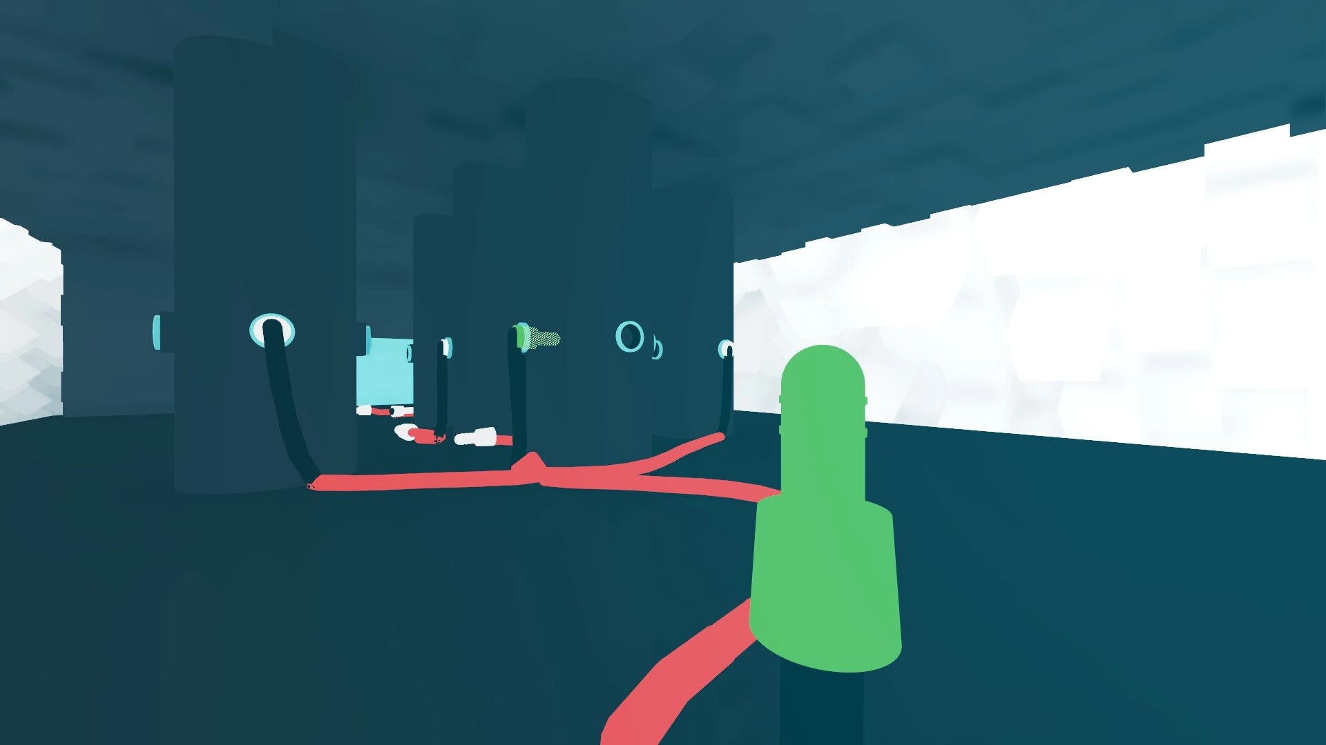 Noodle Cable: First-person view holding green plug near tangled red cables in dark industrial room.
