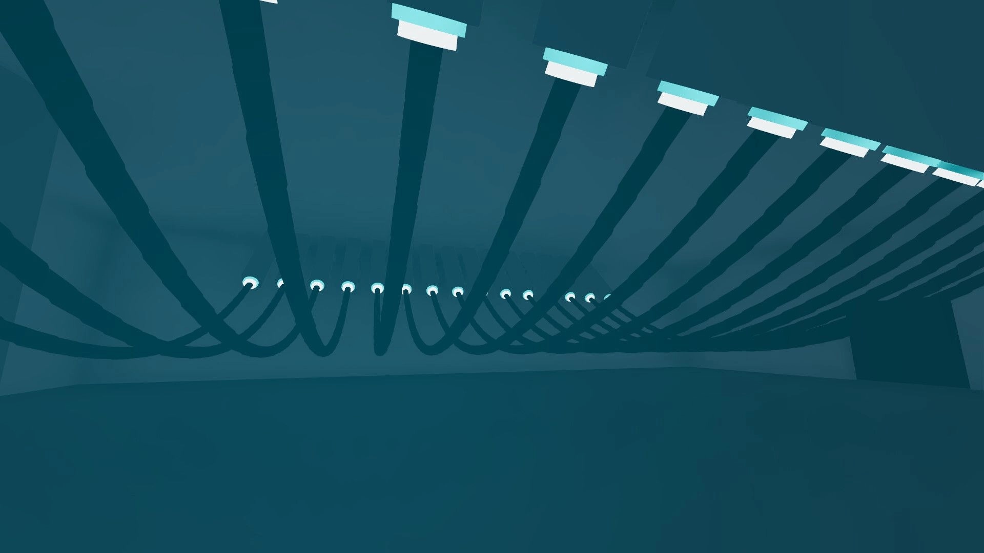 Noodle Cable: Tangled black cables loop into glowing wall sockets in a vast teal industrial room.