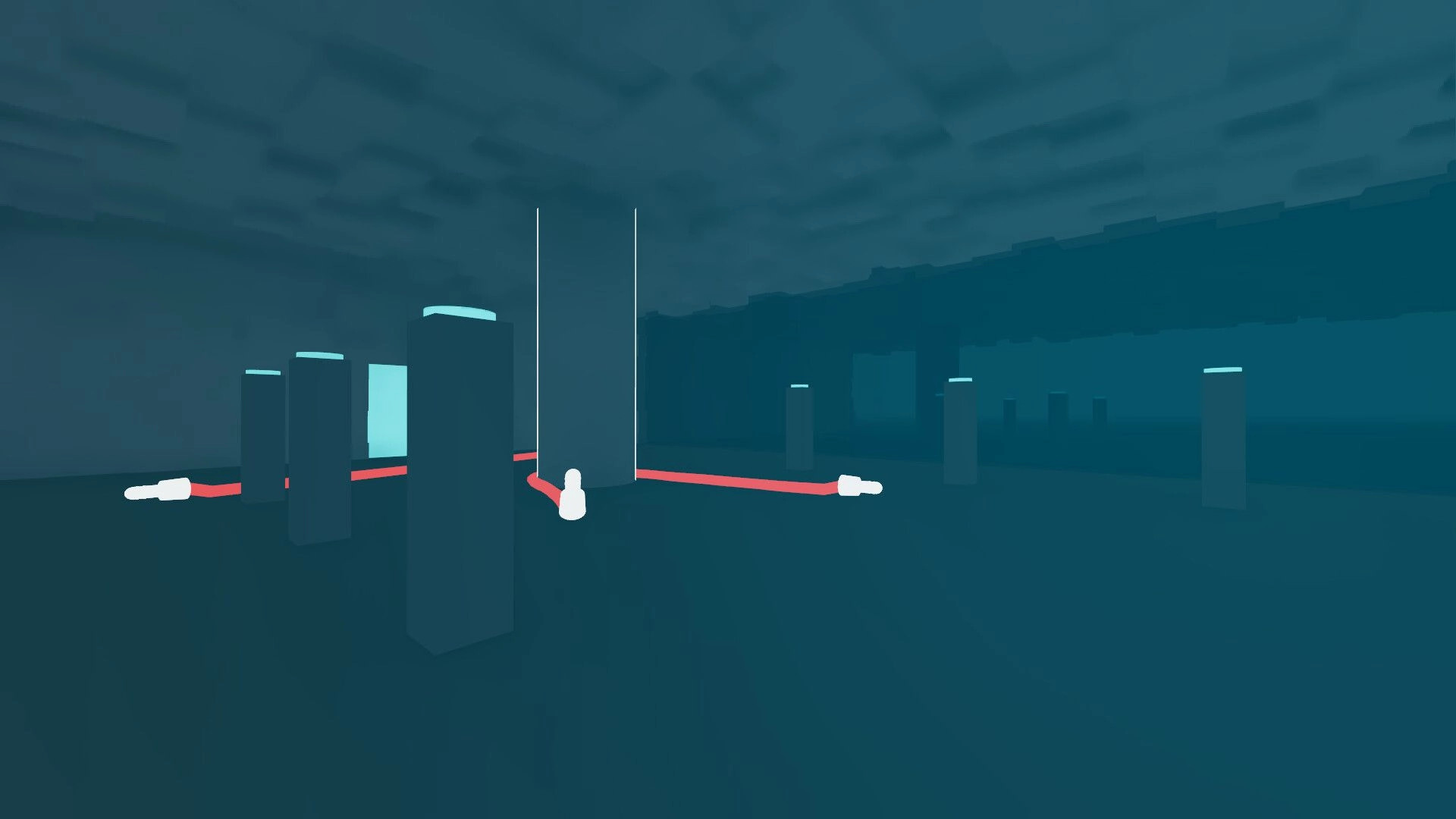 Noodle Cable: Red cables with white plugs winding between dark pillars in a foggy blue room puzzle.