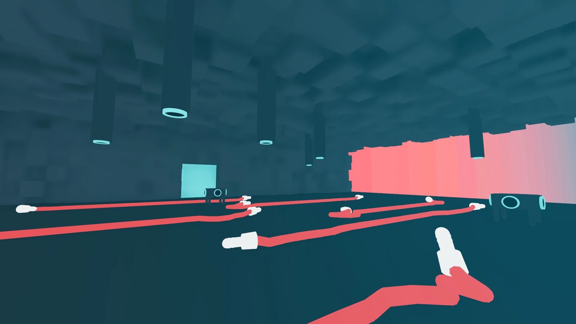 Noodle Cable: First-person view holding a plug amid tangled red cables in a dim surreal room puzzle.