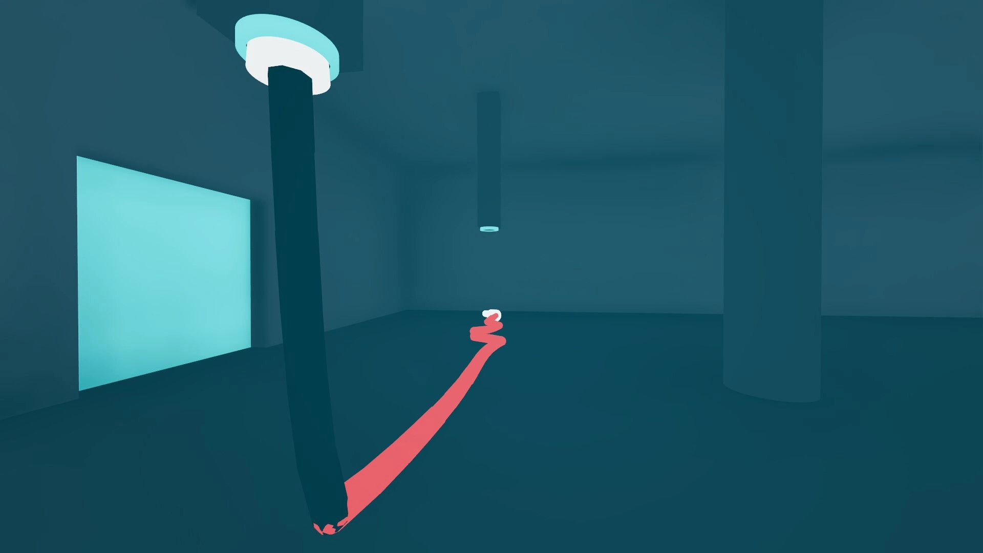 Noodle Cable: Dragging a red cable across a blue room toward a hanging socket in a surreal space.