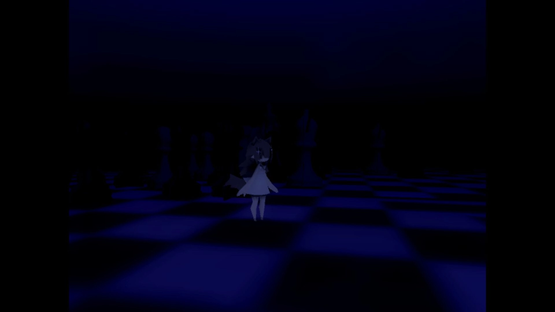 nophenia: Character in white dress stands on a giant chessboard surrounded by shadowy chess pieces.