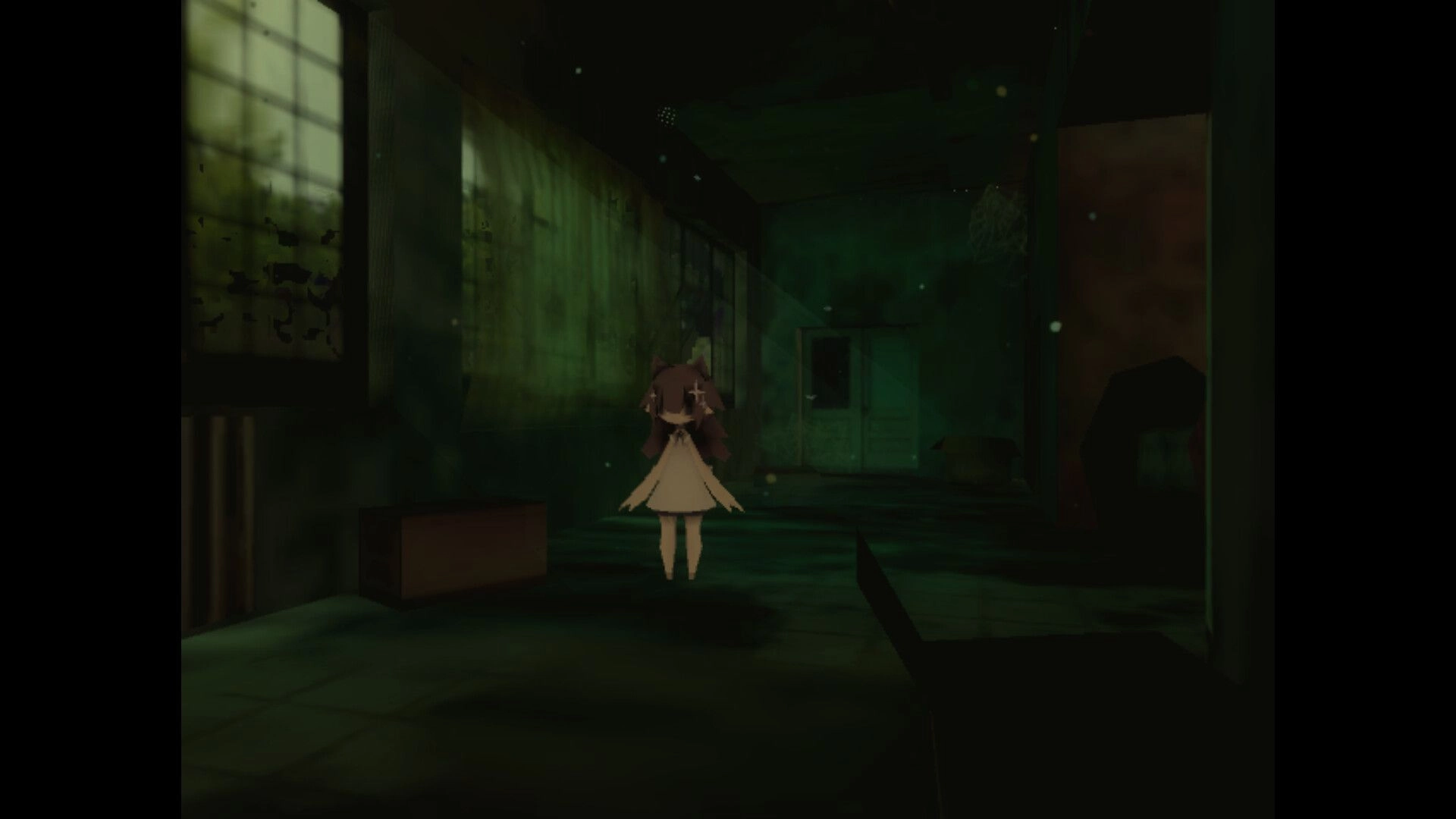 nophenia: Character in a dimly lit hallway with greenish walls and floating particles visible
