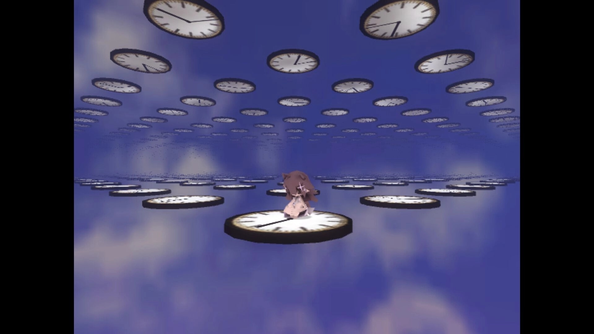nophenia: Character stands on floating clock platforms in a surreal sky environment filled with clocks