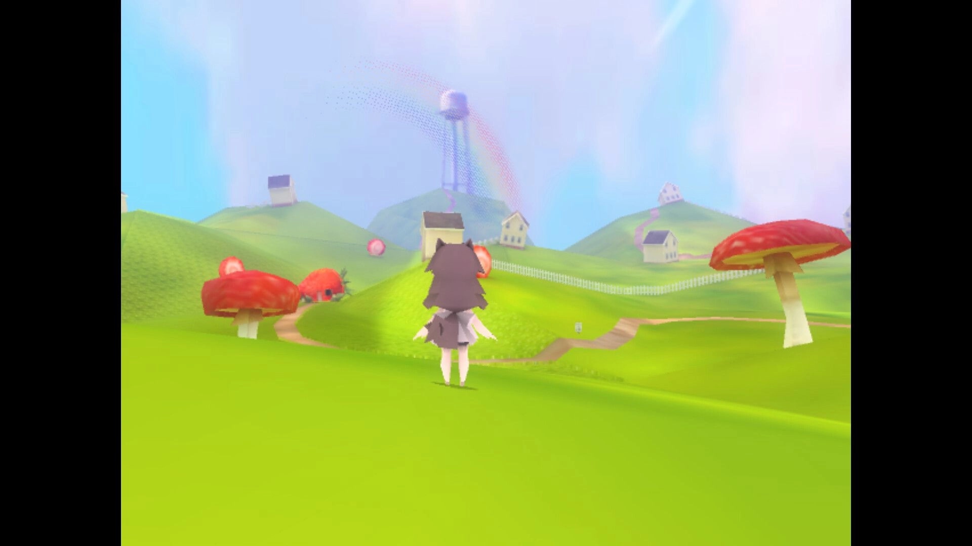 nophenia: Character exploring vibrant hills with oversized mushrooms and scattered houses in the distance