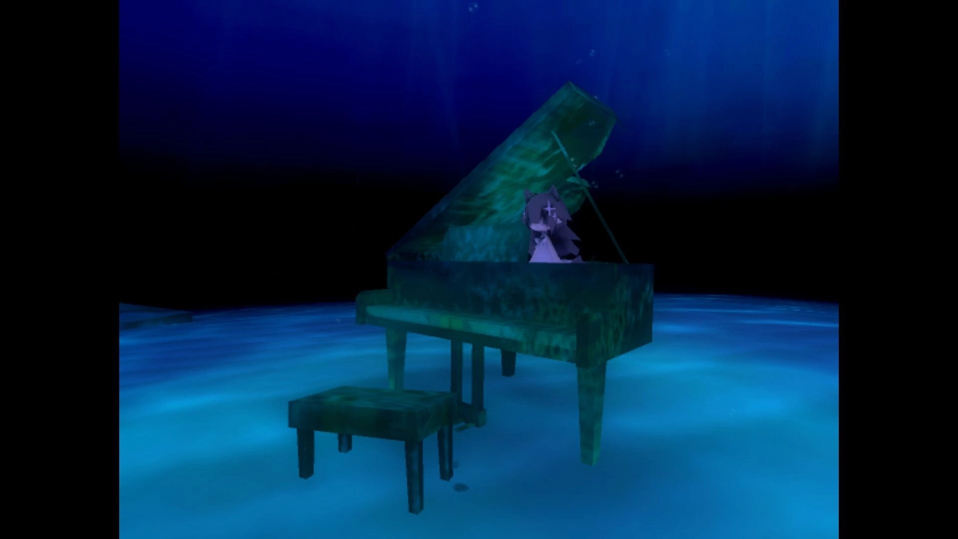 nophenia: Character sits at a grand piano in an underwater dreamscape with a deep blue ambiance.