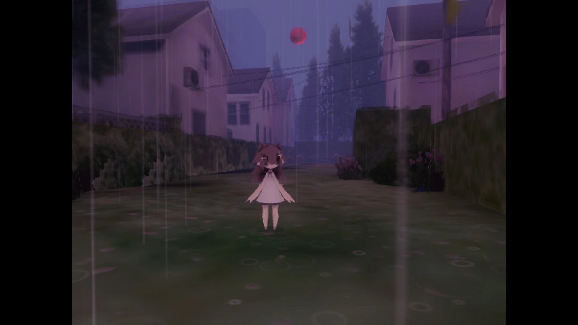 nophenia: Character in white dress explores rainy suburban street under a red moon.