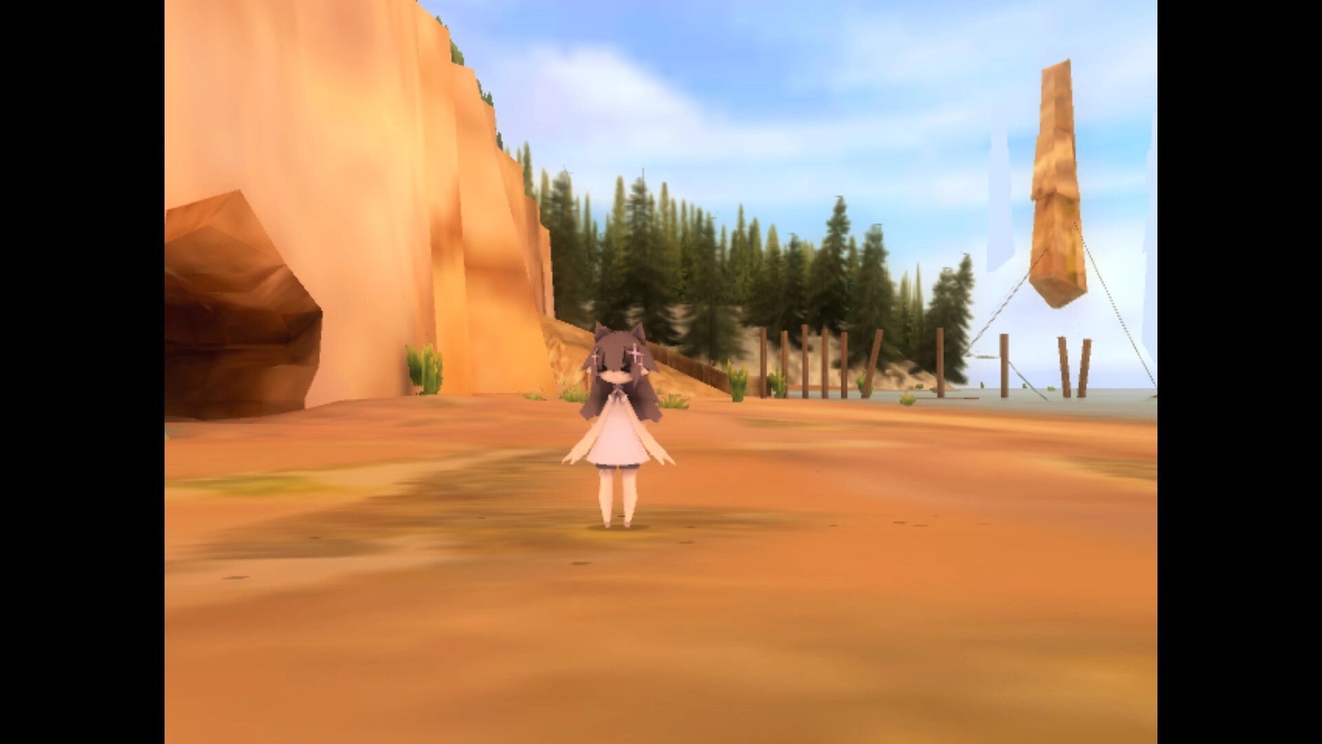 nophenia: Character walking on sandy terrain near cliffs and floating rock structure, forest in background