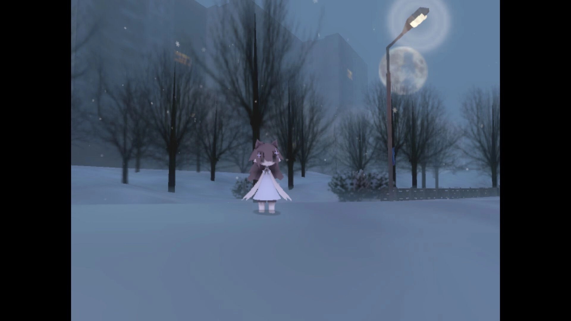 nophenia: Character in snowy landscape with bare trees and streetlamp under a glowing moon