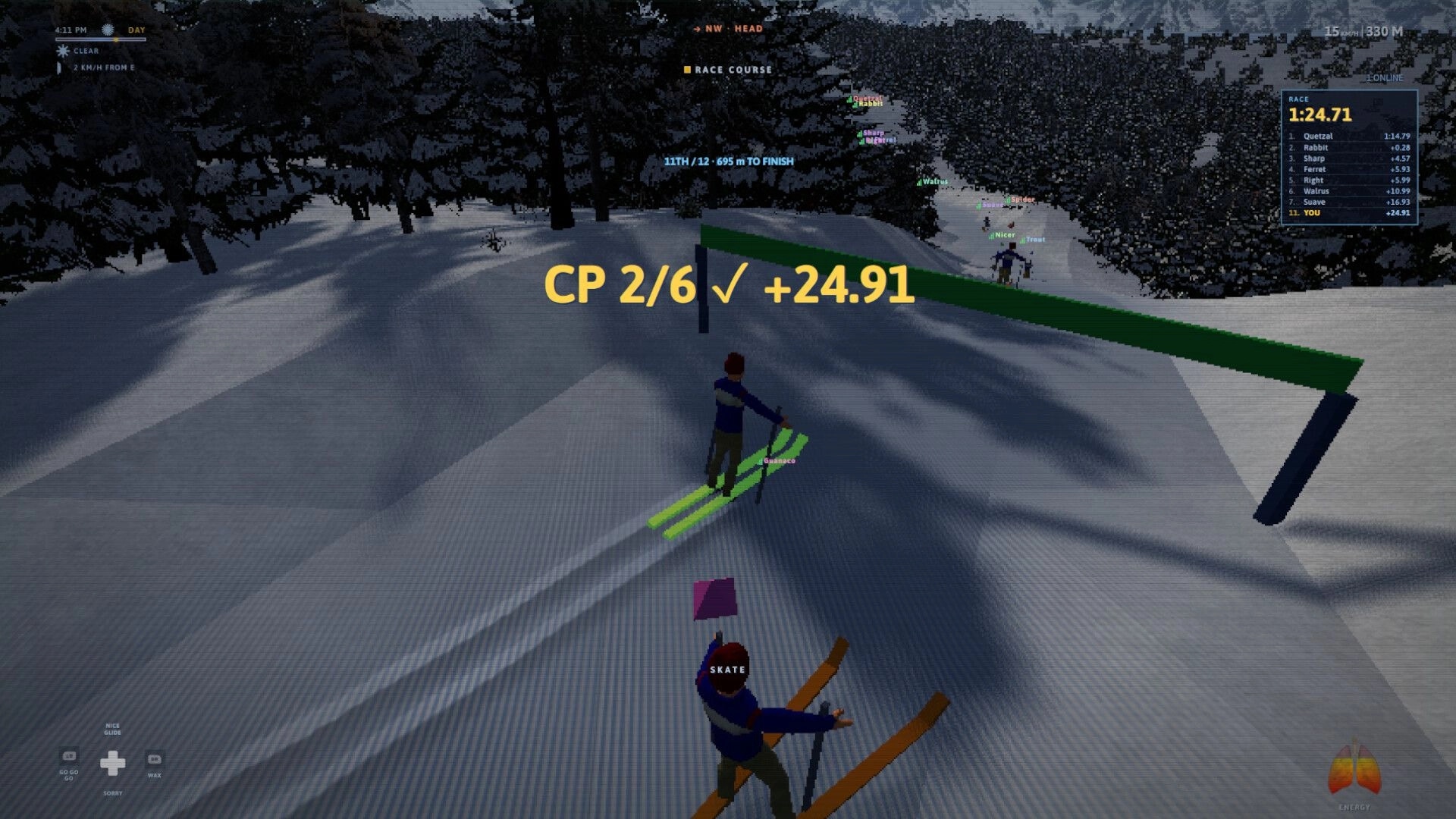 Nordic: Skier passes a checkpoint CP 2/6 as race timer and leaderboard overlay a snowy forest trail.