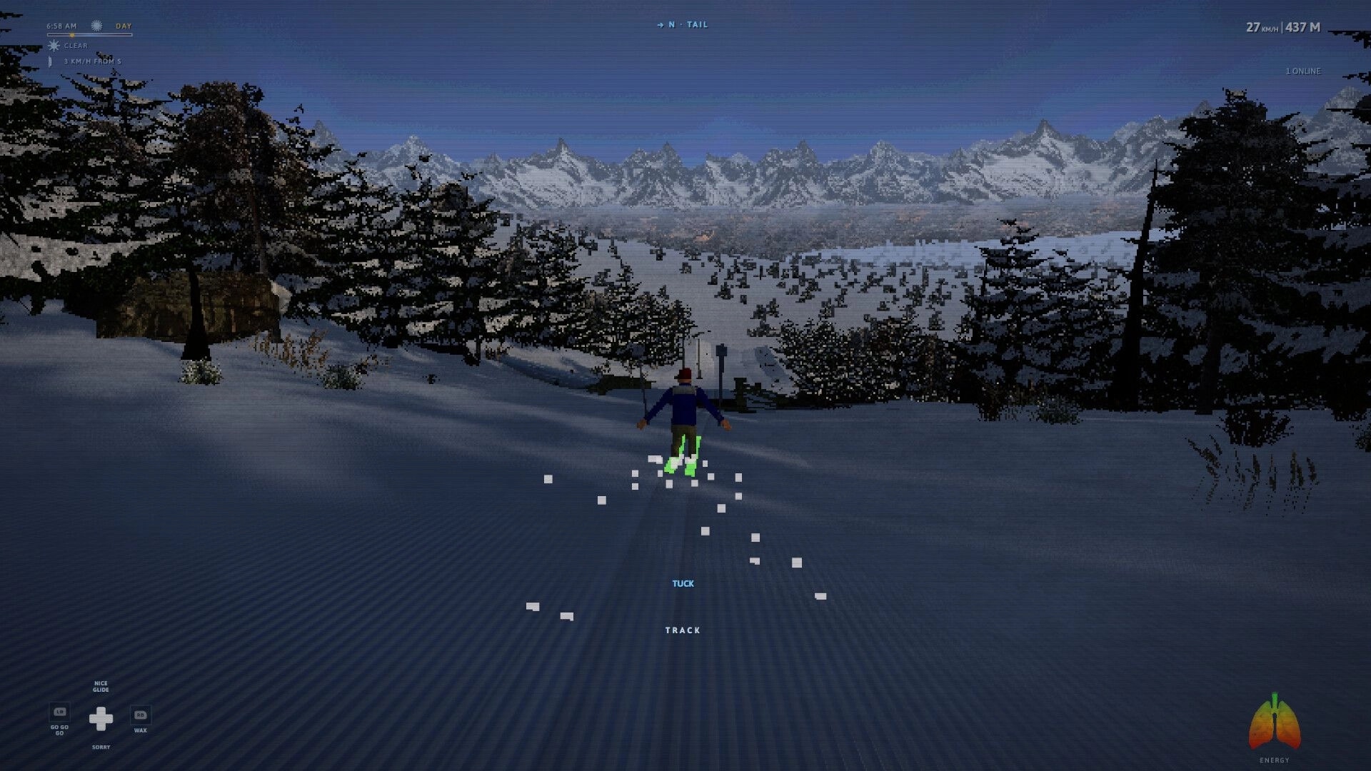Nordic: Skier glides downhill leaving track marks, snowy pines and distant mountains under HUD stats.