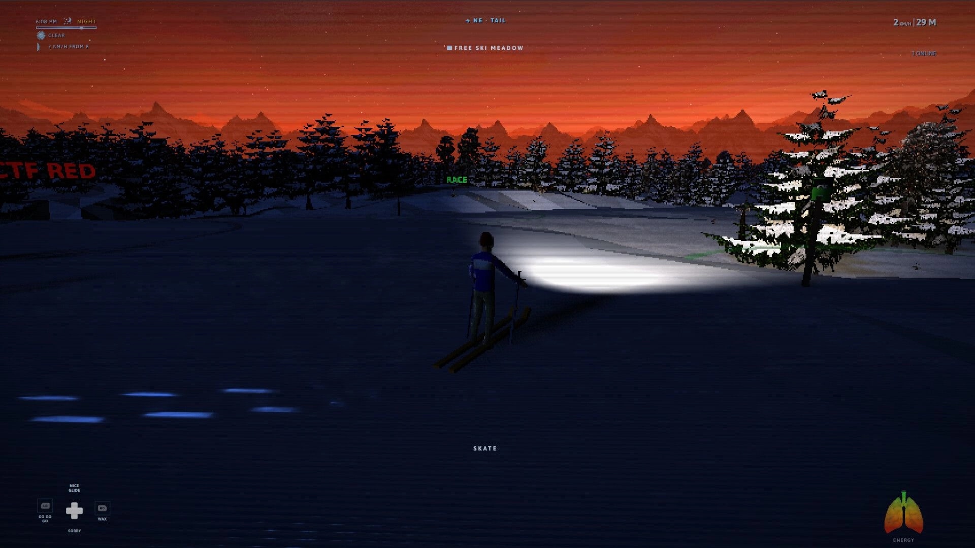 Nordic: Skier glides at night with headlamp beam on snowy meadow, online HUD and speed readout.