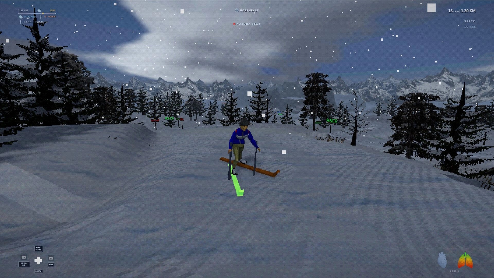 Nordic: Skier glides downhill in falling snow, UI shows 13 km/h and 1.20 km in a mountain forest.