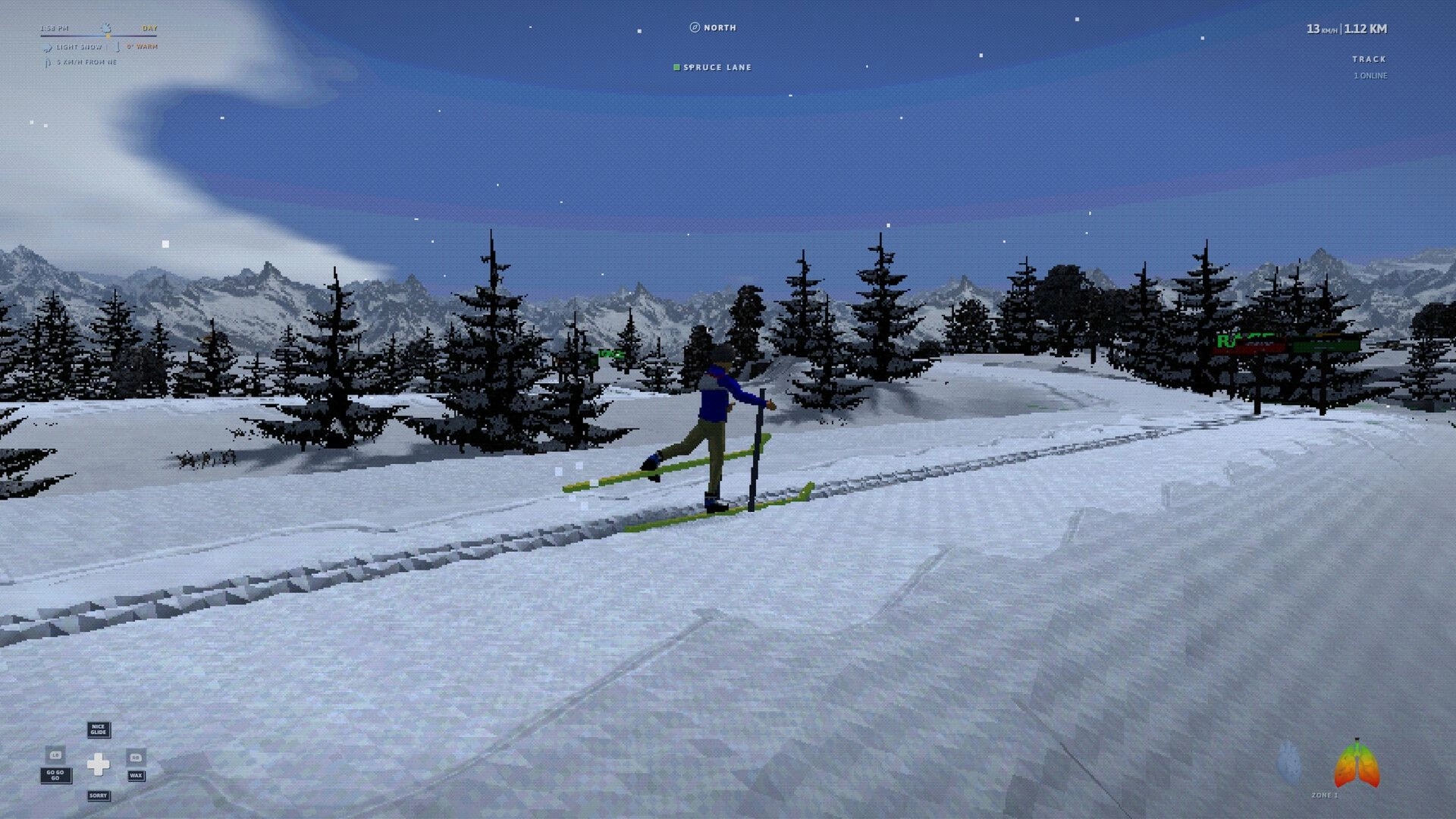 Nordic: Skier gliding on a snowy track past pine trees, HUD shows speed and distance online mode.