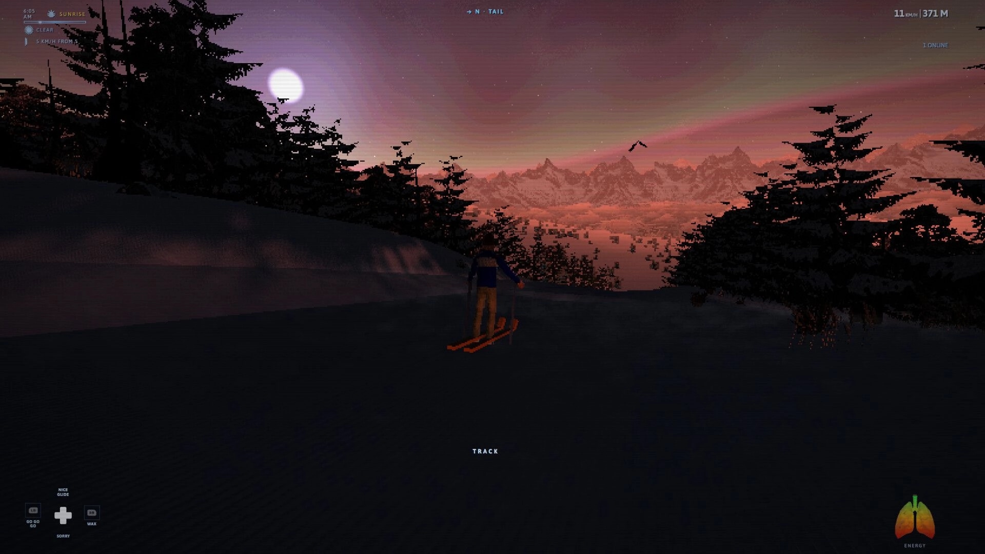 Nordic: Skier gliding downhill with speed and distance HUD on moonlit snowy forest track at sunrise.