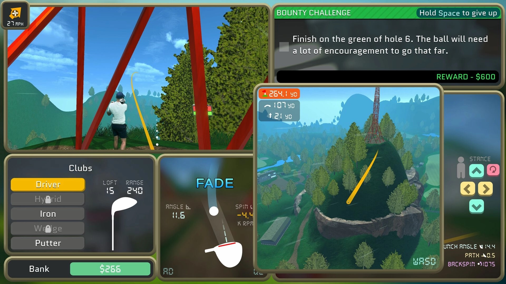 Normal Golf Game: Bounty challenge UI and club menu as golfer tees off beside red tower in hills.