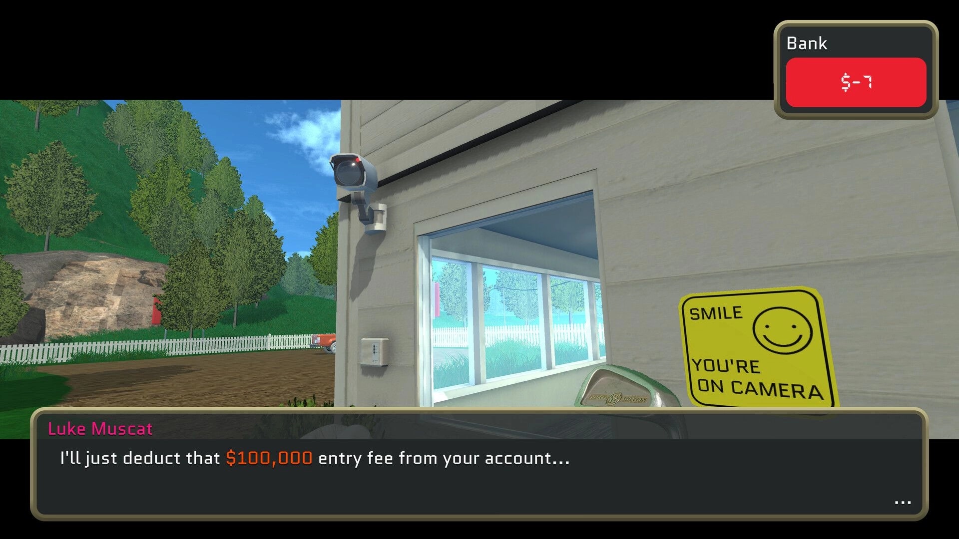 Normal Golf Game: Luke Muscat dialogue about $100,000 fee by clubhouse wall with camera sign UI.