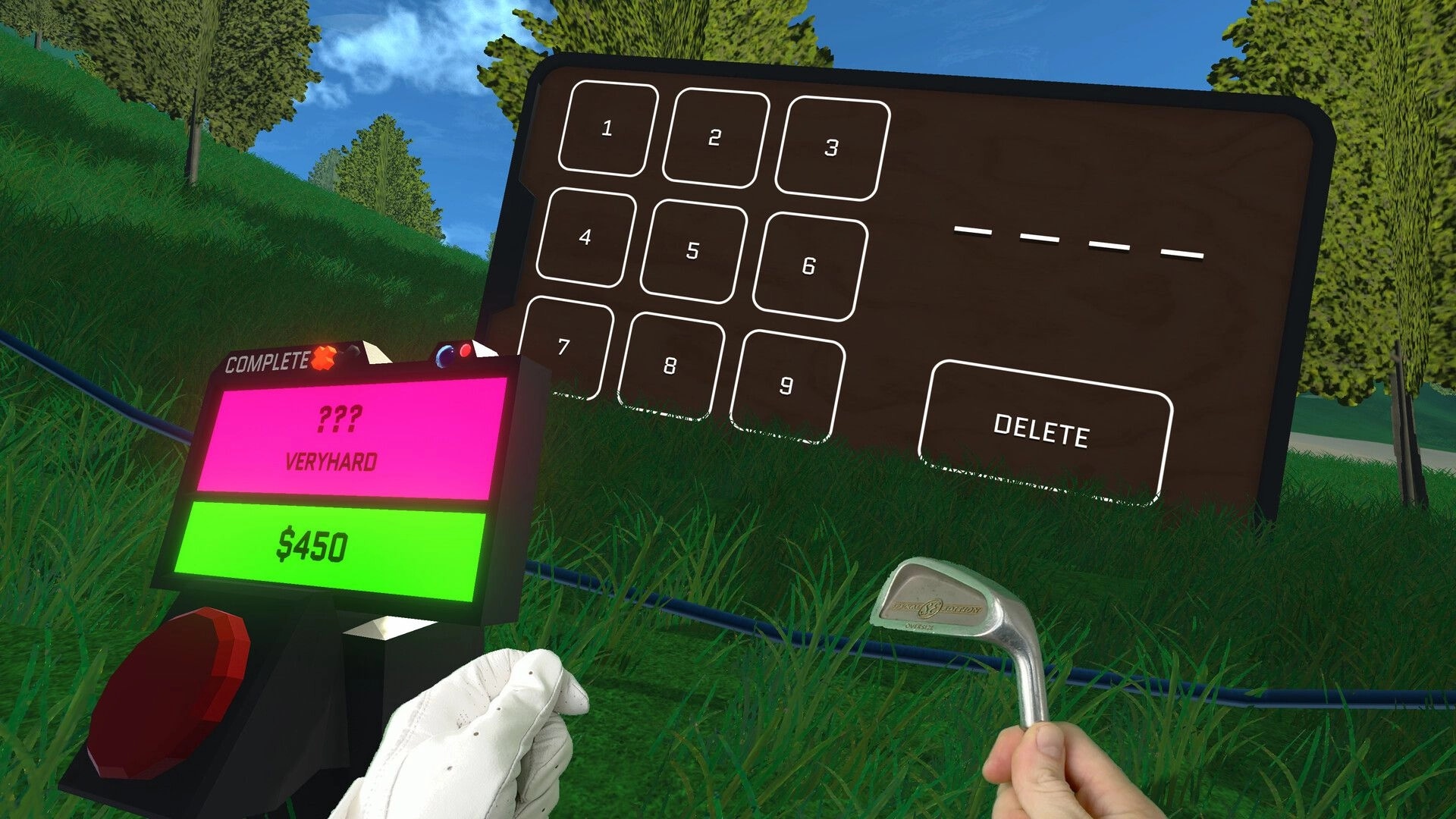 Normal Golf Game: Player holds golf club by keypad puzzle and ??? VERYHARD $450 screen on hillside.