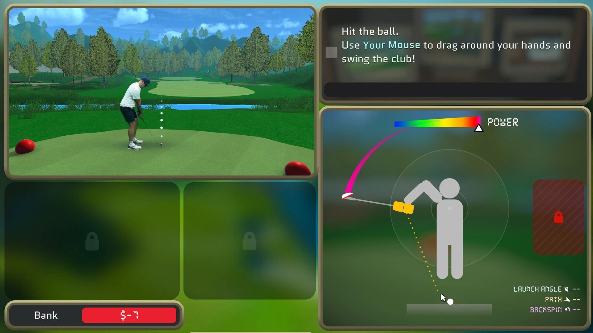 Normal Golf Game: Golfer lining up a putt on green with power meter and mouse swing tutorial UI.