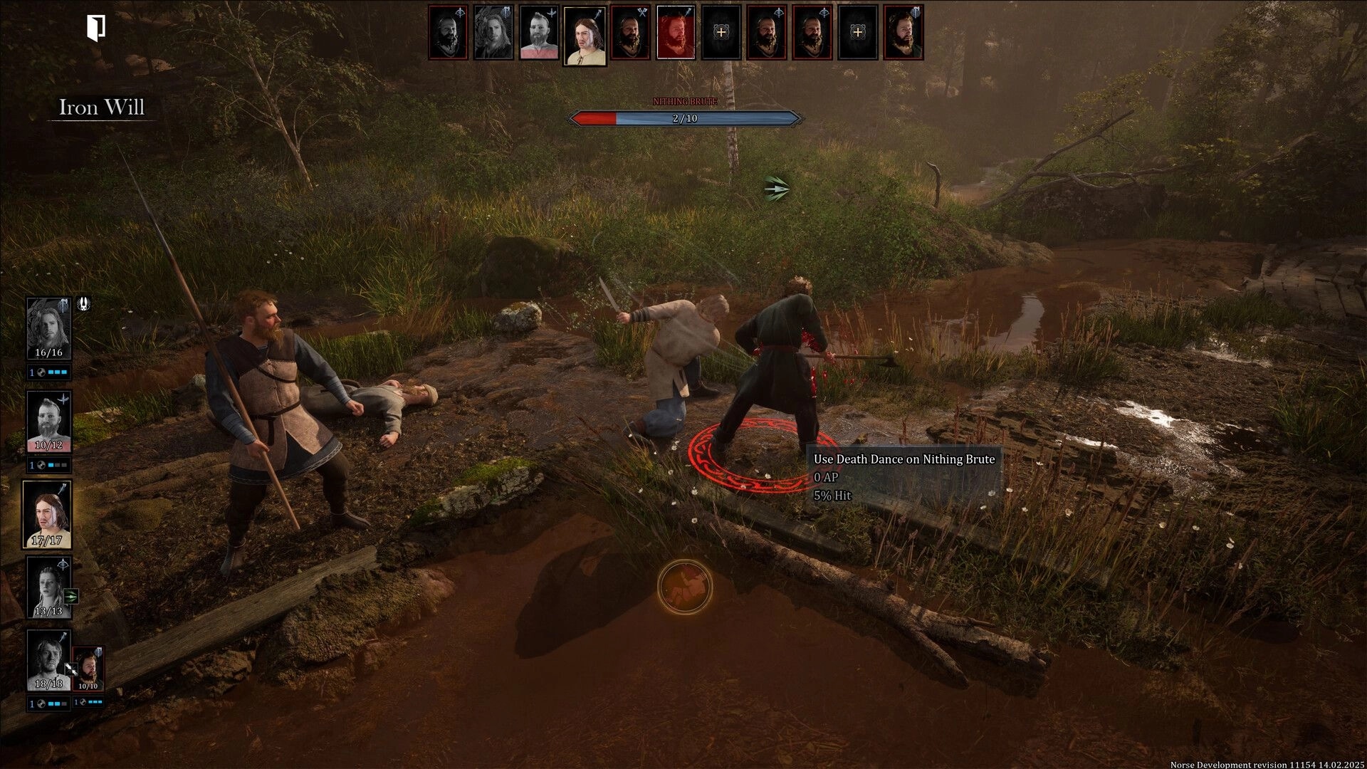 NORSE: Two warriors in combat by a riverbank, health bars and character portraits visible on screen