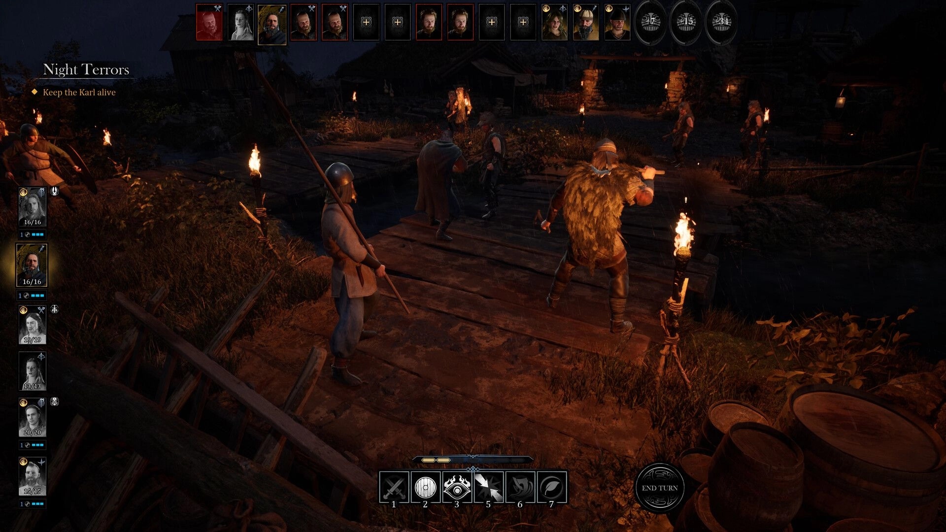 NORSE: Night battle scene with warriors on a wooden bridge, UI shows character stats and abilities.