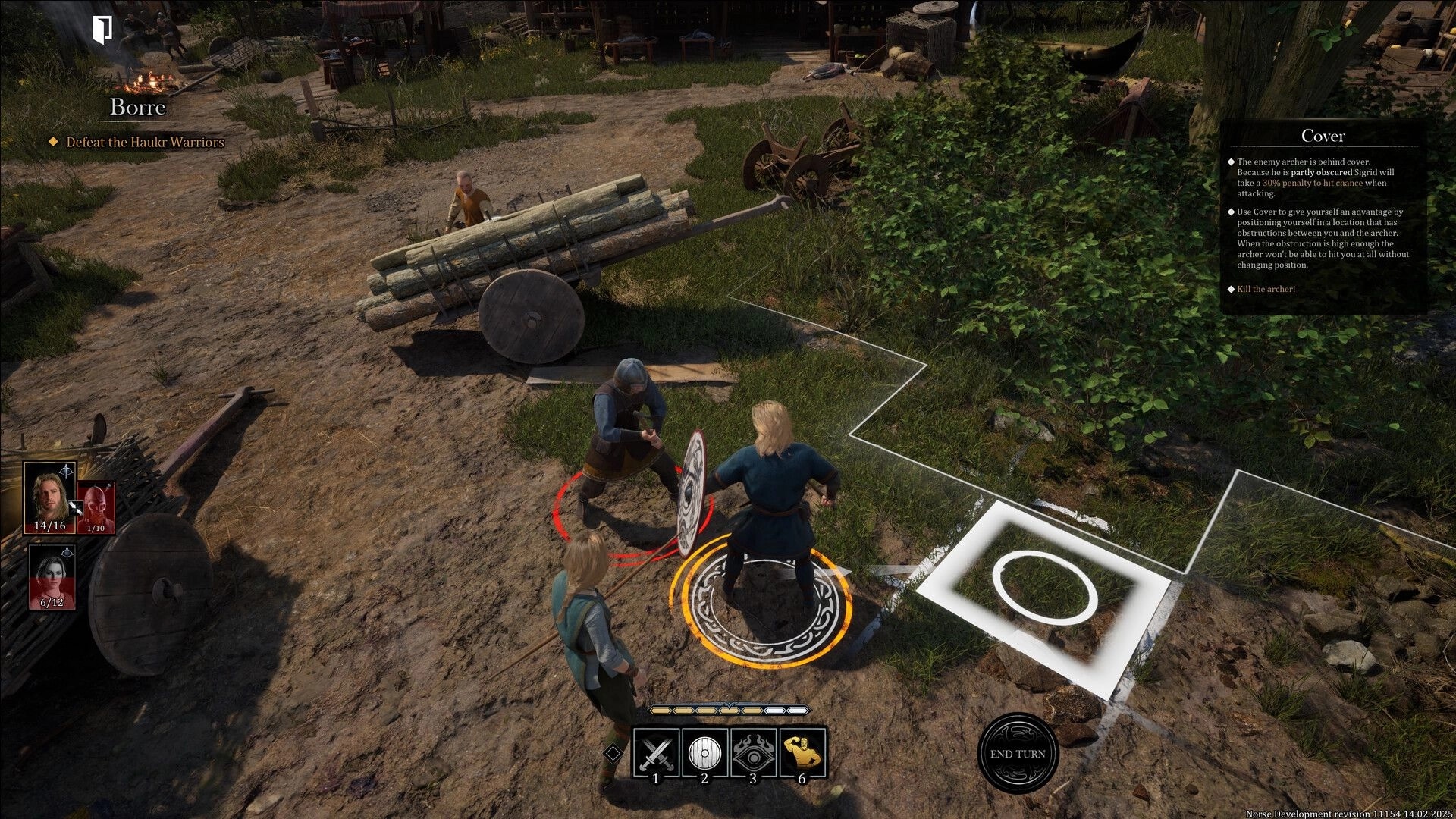 NORSE: Sigrid engages an enemy in tactical combat near a village with action menu visible