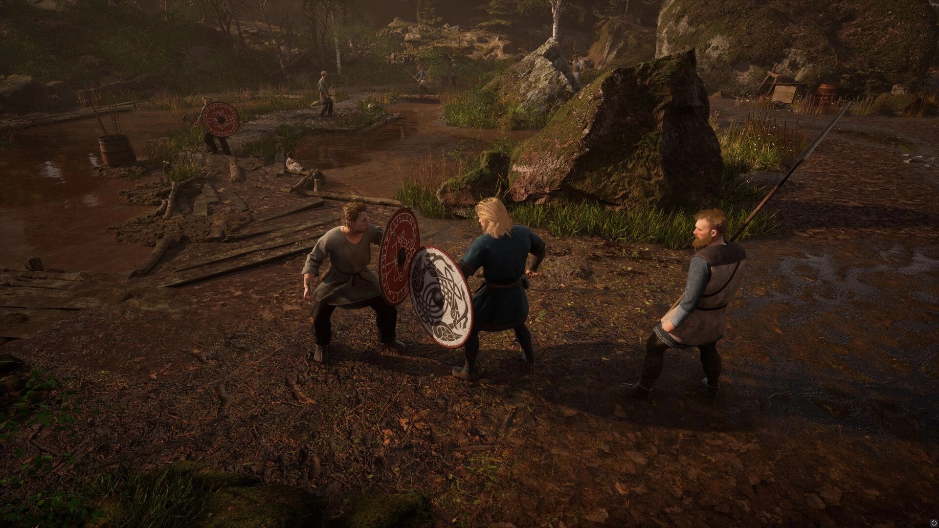 NORSE: Warriors training with shields by a riverbank in a lush, rocky forest setting.