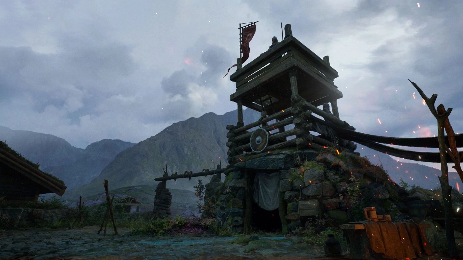NORSE: Watchtower overlooking mountainous landscape, with wooden structure and Viking shield displayed